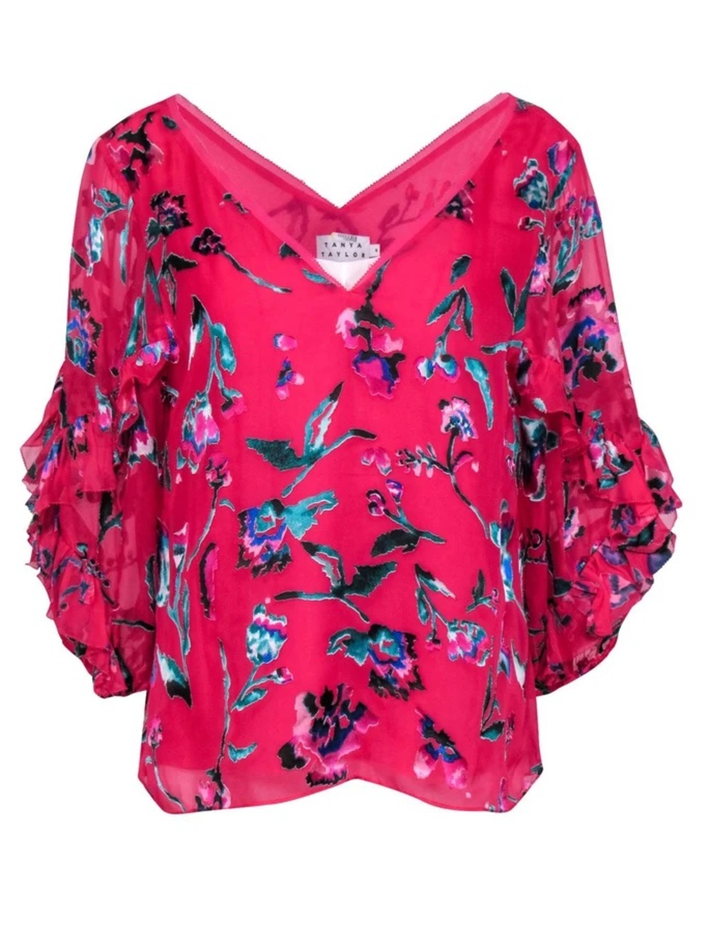 Tanya Taylor Hot Pink Floral V-Neck Ruffle Sleeve Blouse